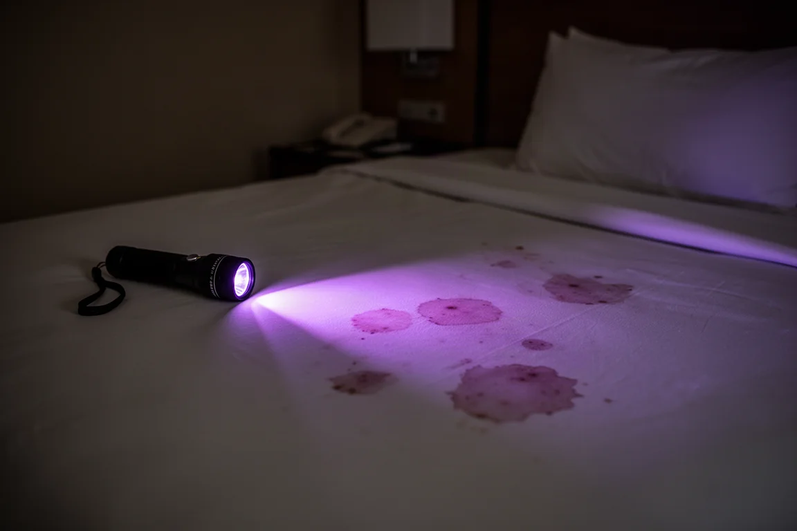 Haz de luz ultravioleta revelando manchas en las sábanas de una cama de hotel en una habitación oscura