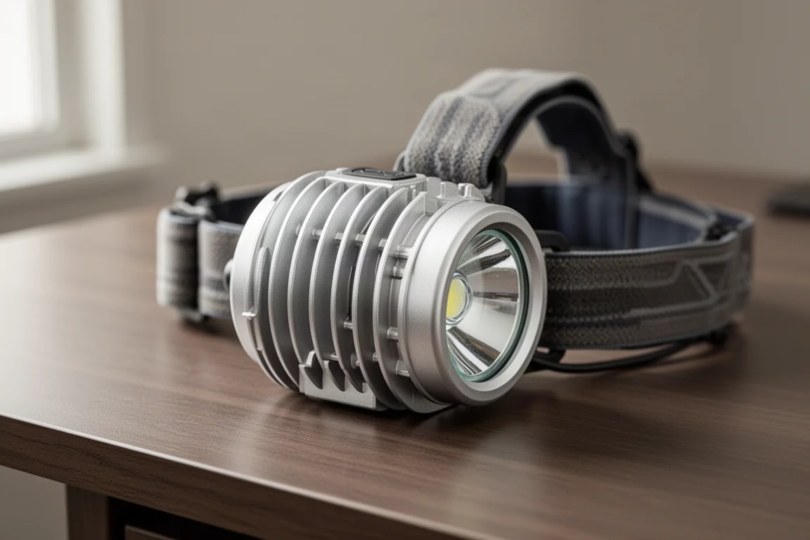 Finned aluminum headlamp resting on a wooden desk beside a coil of strap