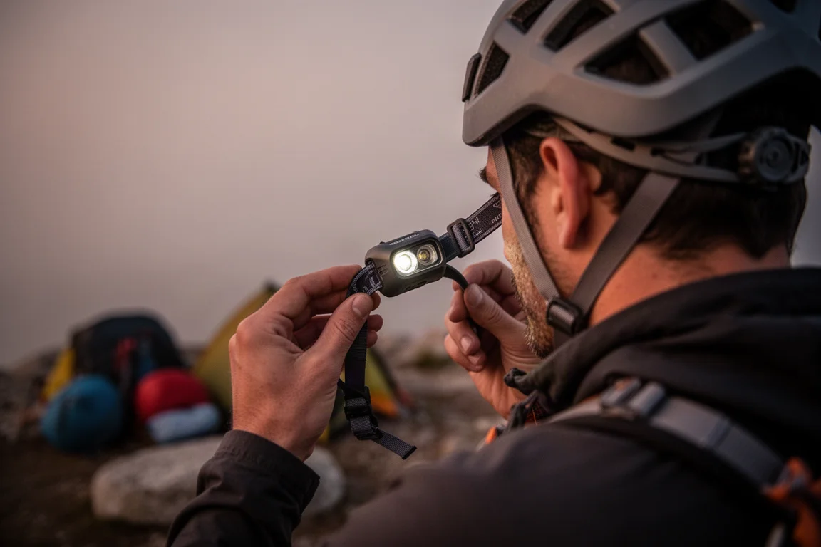 Person adjusting a compact headlamp strap over a climbing helmet at dusk