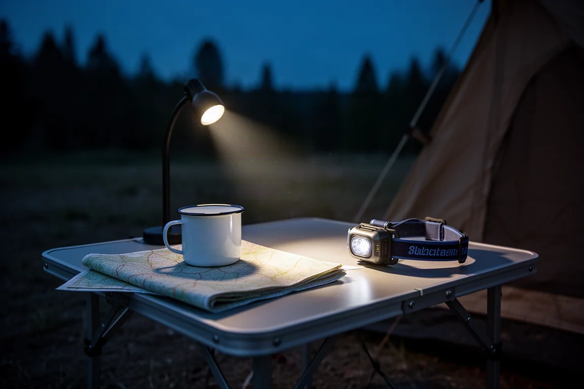 Campsite table lit by a soft warm headlamp beam at night