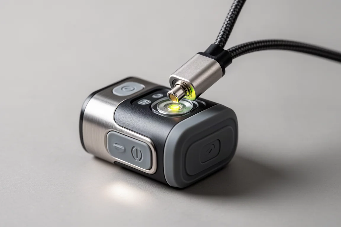 Magnetic charging cable attaching to a compact headlamp battery pack