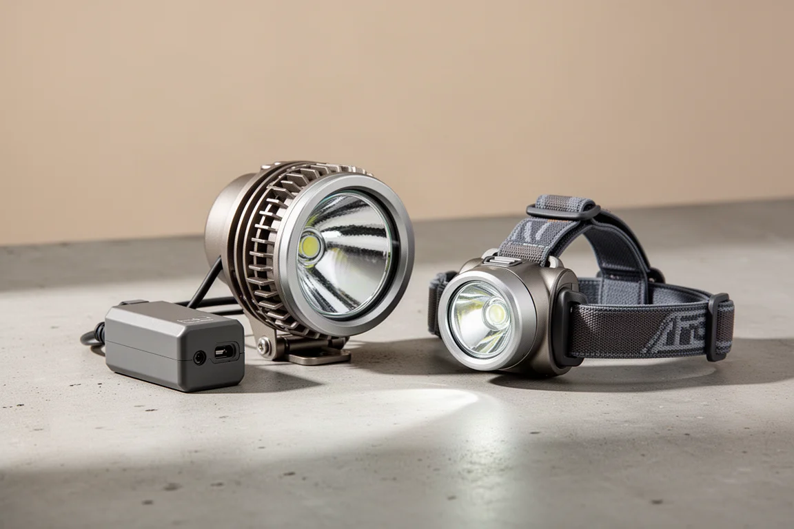 Le torce frontali Olight Array 2 Pro e Array 2 affiancate su una superficie di cemento