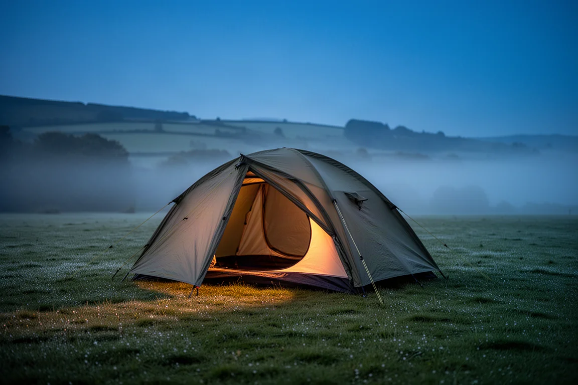 Tent pitched on a grassy pitch at dusk with warm light spilling from the open door