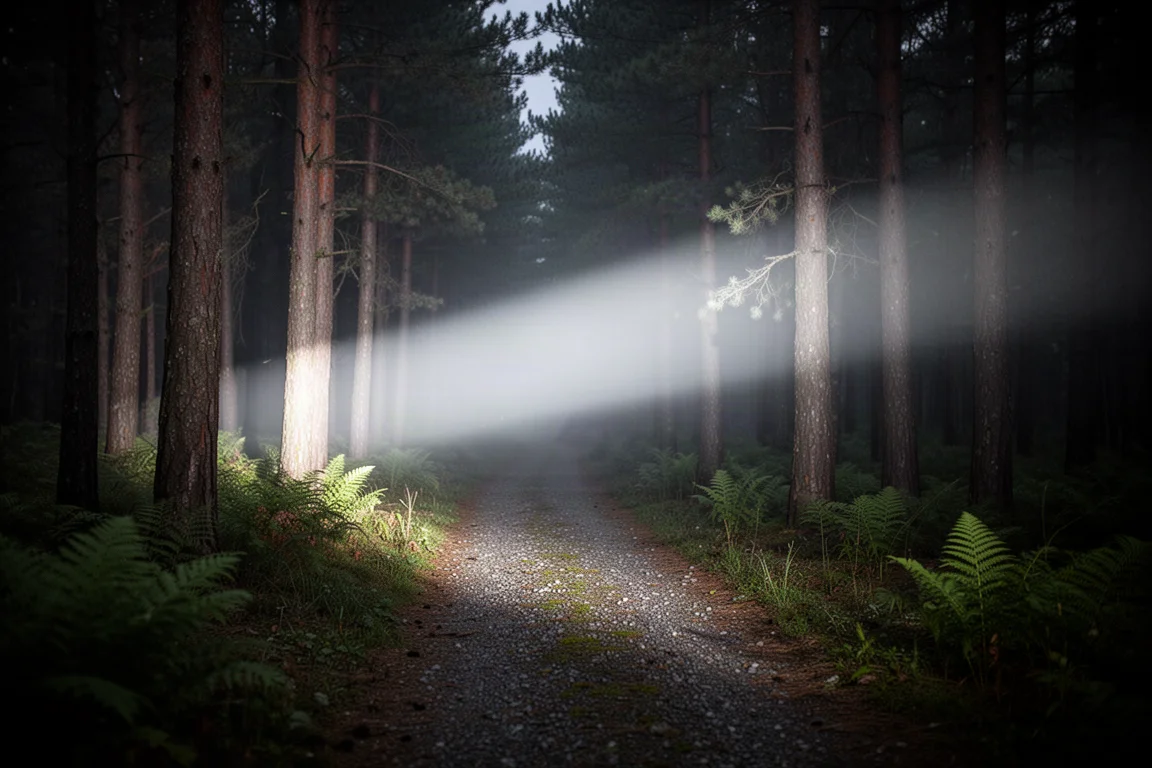 Beam of light sweeping across a dark forest trail with pine trunks at the edges
