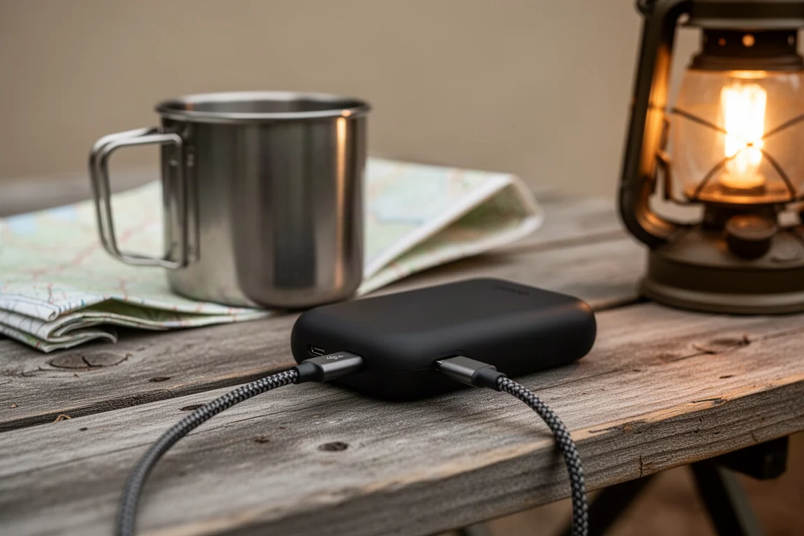 USB-C charging cable connected to a compact device on a weathered wooden table