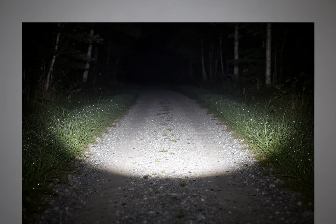 Gravel footpath at night lit by a wide pool of white light with dark woodland beyond