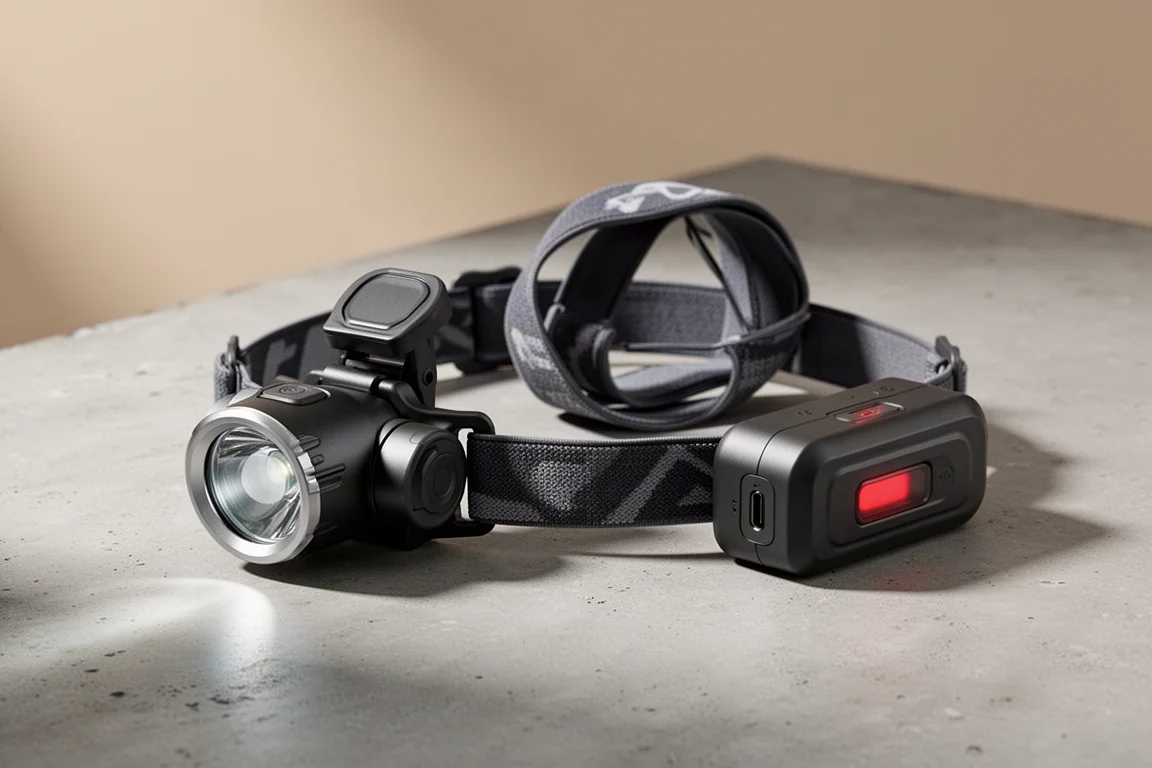Two-part rechargeable headlamp with front lamp, elastic headband, and rear battery pack on concrete