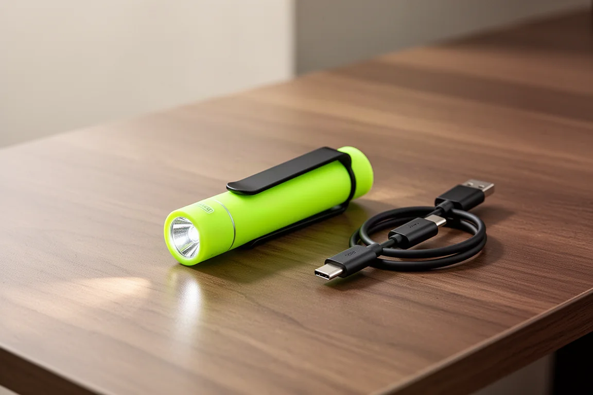 Neongrüne Taschenlampe mit USB-C-Kabel und Akku in der Nähe