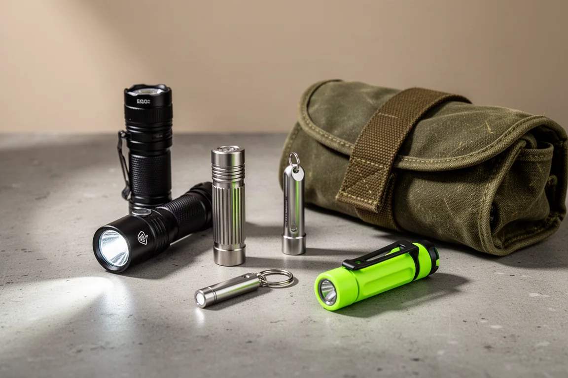 Gruppo di torce Olight e un portautensili in tela cerata su una superficie di cemento