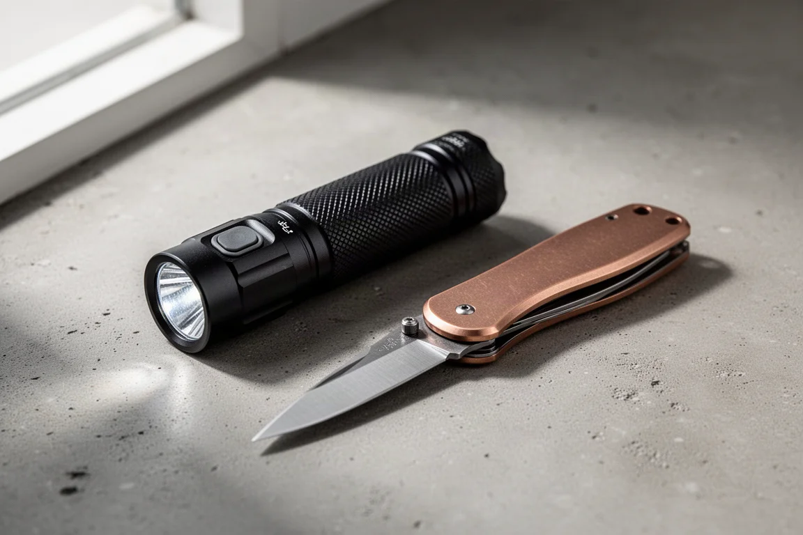 Tasc EDC nera compatta e coltello pieghevole con manico in rame su una superficie di cemento