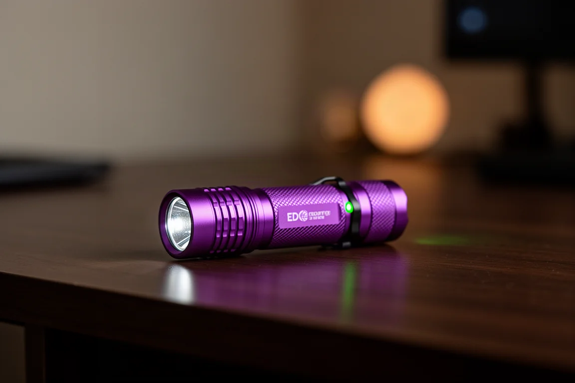 Violette kompakte EDC-Taschenlampe leuchtet in einem abgedunkelten Raum