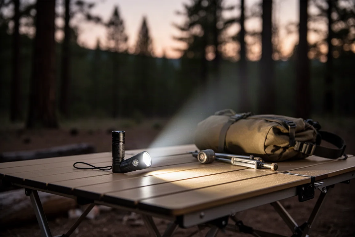 Lichtstrahl der Taschenlampe beleuchtet nachts einen Campingtisch