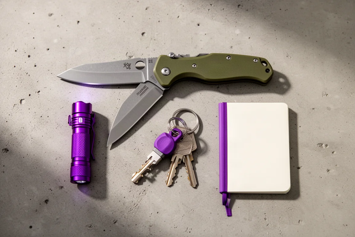 Zwei EDC-Werkzeuge und Zubehör als Flat Lay arrangiert