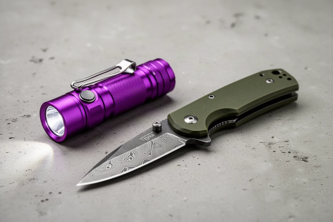 Torcia Olight Baton 3 Pro Max viola e coltello cleaver Freyr verde oliva sul cemento