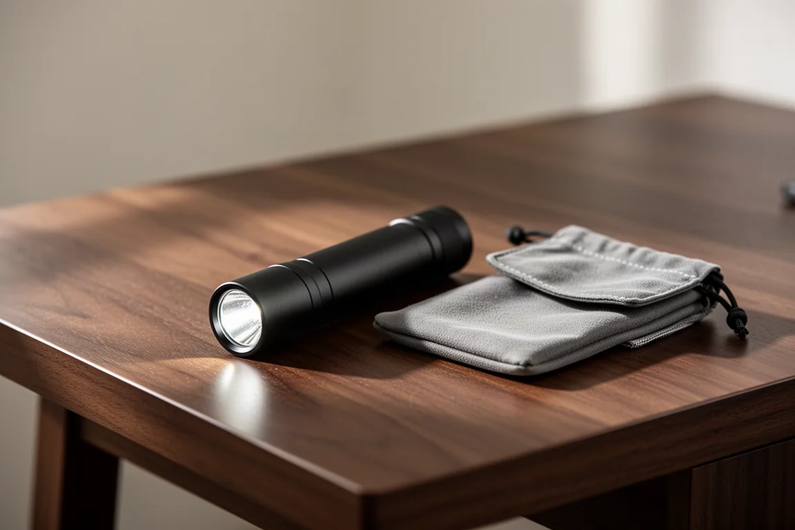 Compacte zwarte zaklamp liggend op een donker houten bureau in zacht daglicht