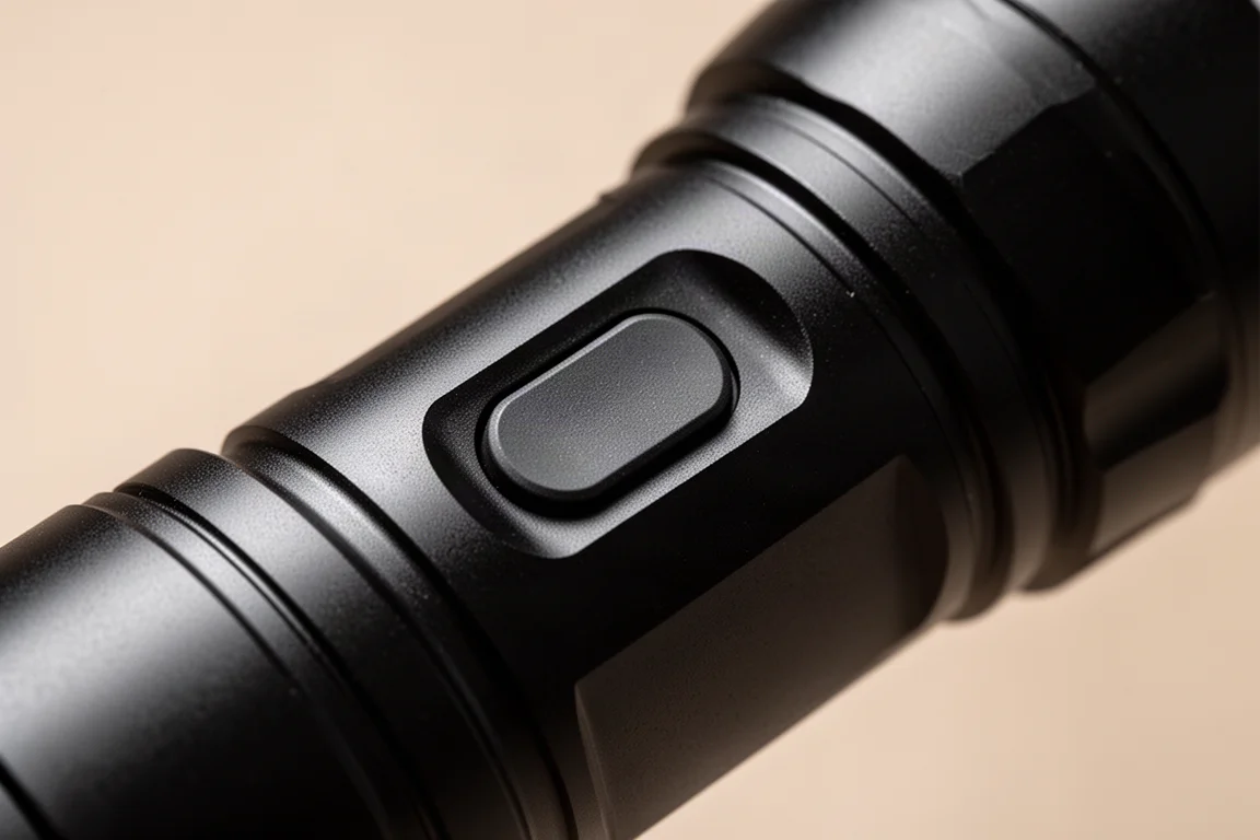 Close-up van een zijknop op een zaklamp met een vinger die op het punt staat te drukken