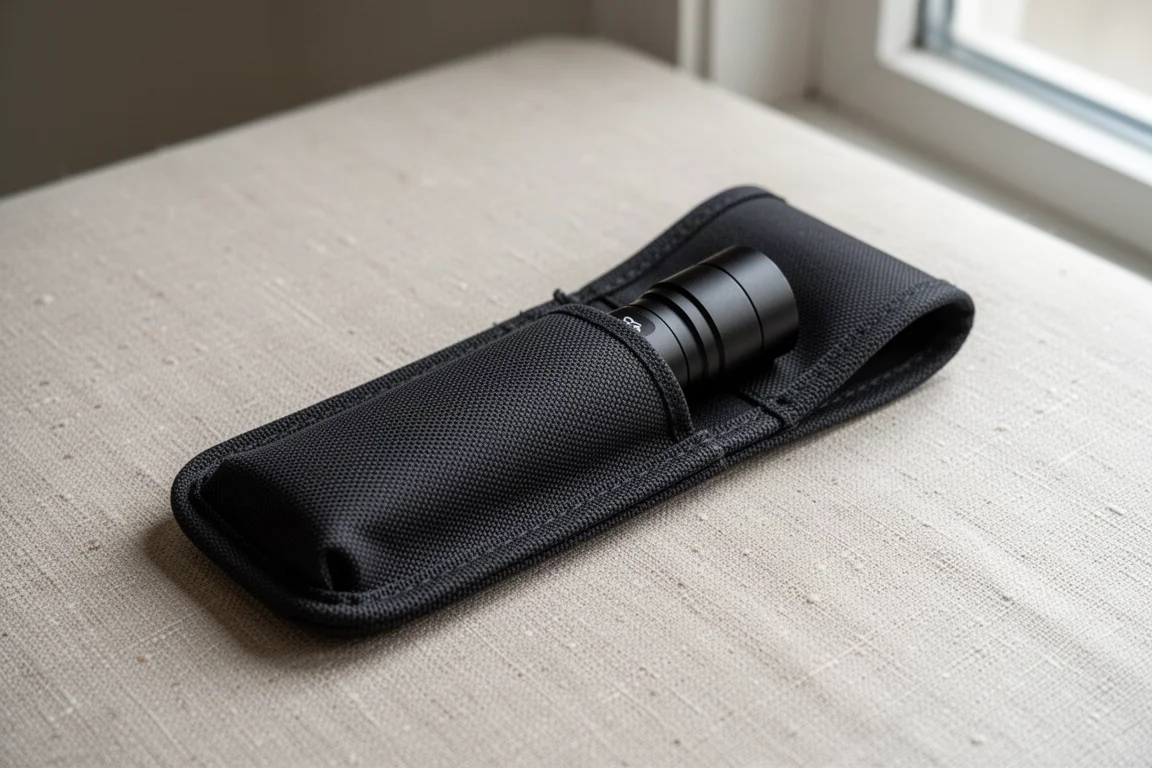 Zaklamp die in een stoffen hoes op een neutrale ondergrond glijdt