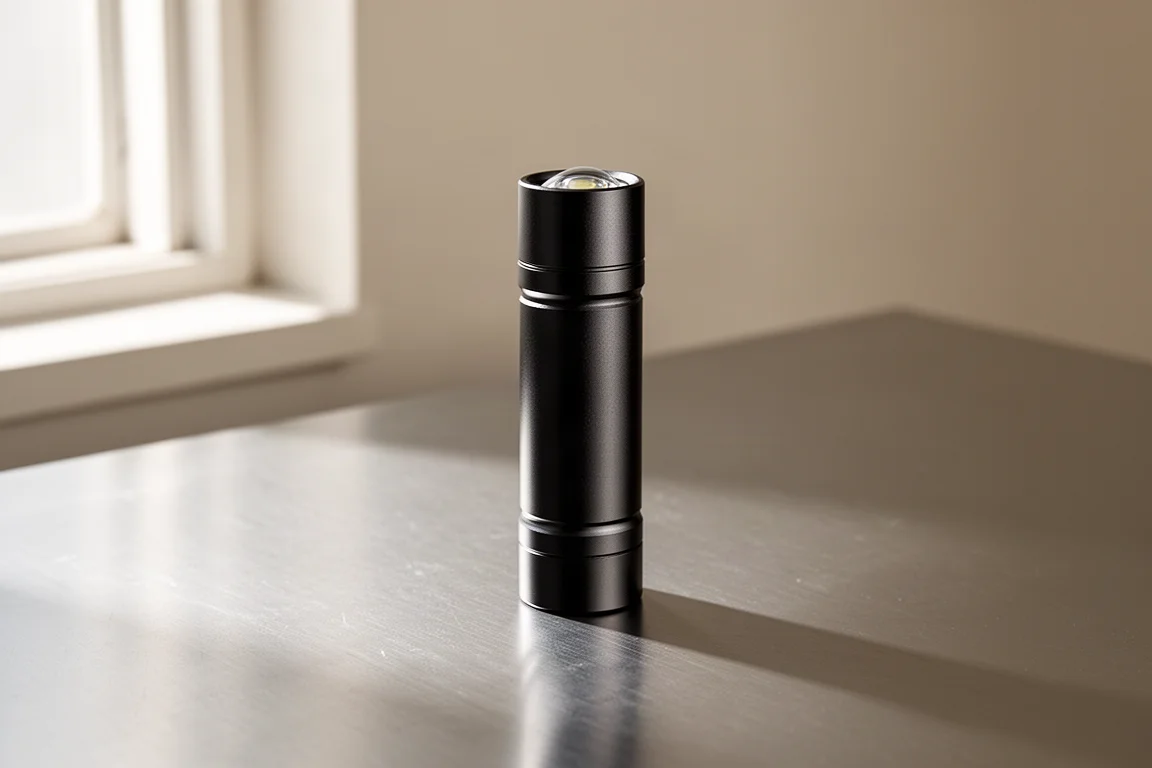 Compact matte black flashlight standing on a brushed aluminium surface
