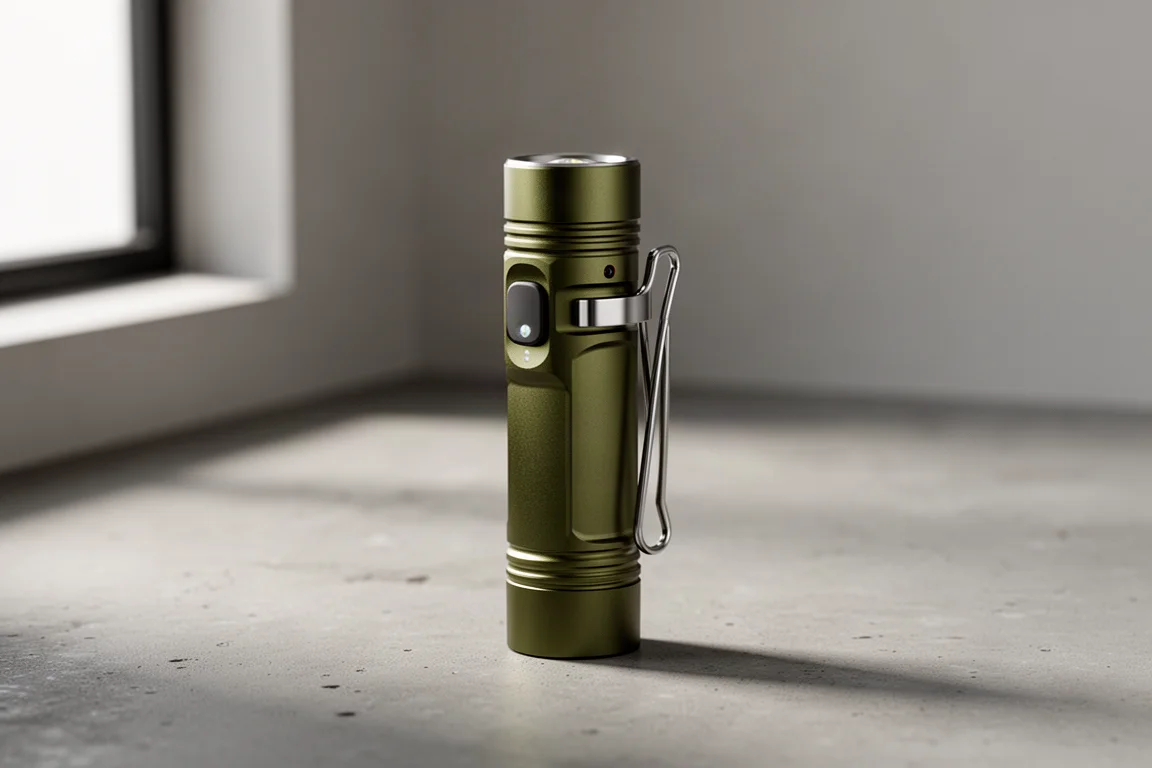 橄欖綠 Olight Baton 3 Pro 小巧手電筒豎立在混凝土地面上