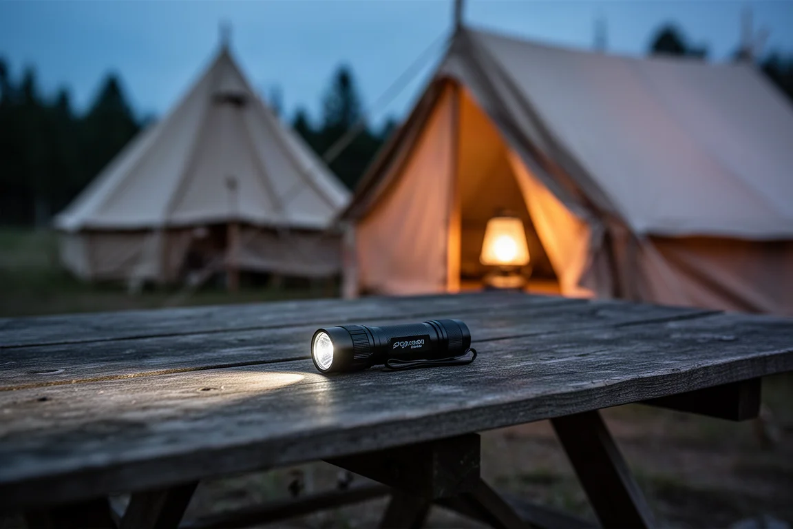 Compact black flashlight on a wooden camp table at dusk with a tent glowing behind
