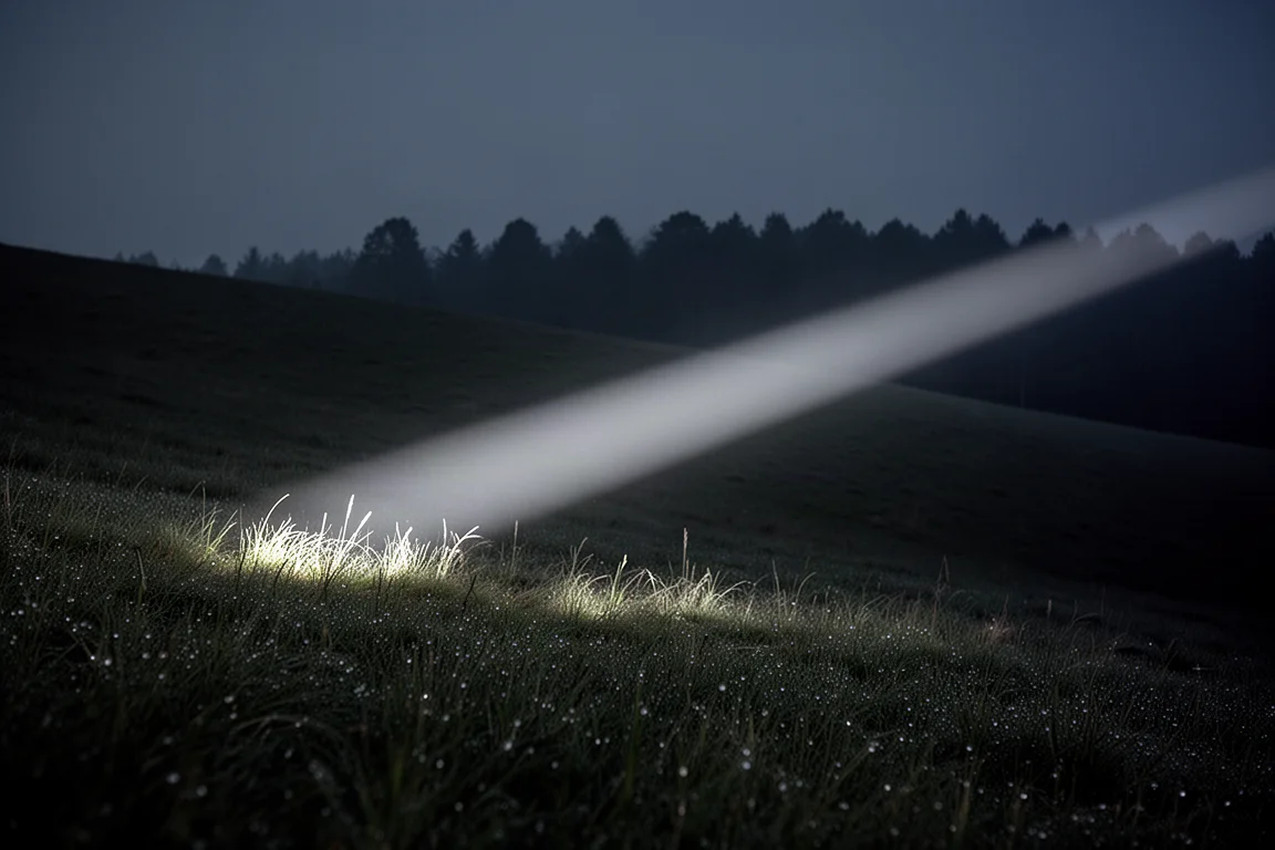 Narrow beam from a compact flashlight cutting across a dark hillside at night