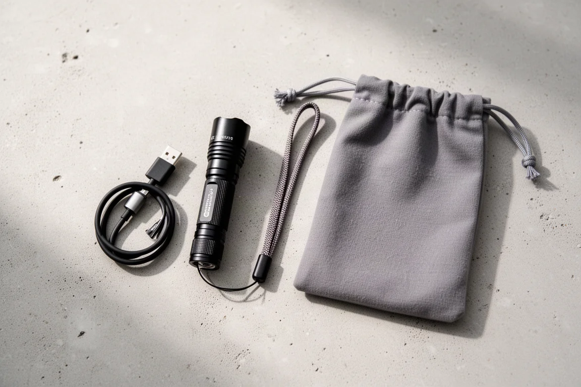 Flat-lay of a compact flashlight, magnetic charging cable, wrist strap and pouch on concrete