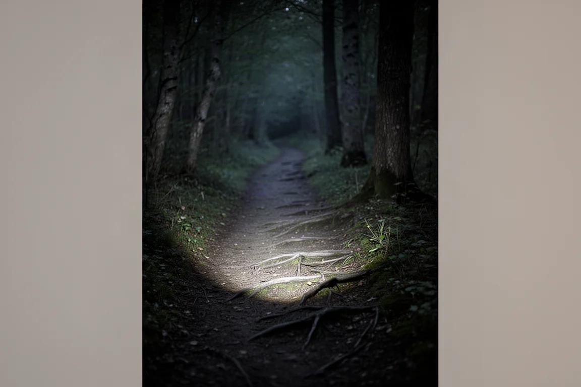 Woodland trail at night lit by a single handheld beam