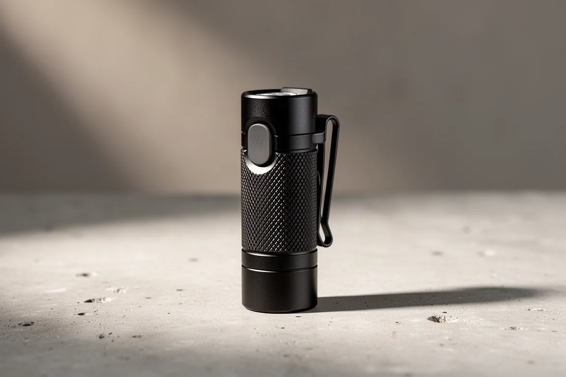 Small matte black pocket flashlight standing upright on a concrete surface
