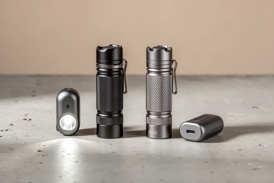Olight Baton 3 Taschenlampen aus Aluminium und Titan mit Lade-Cases auf Beton