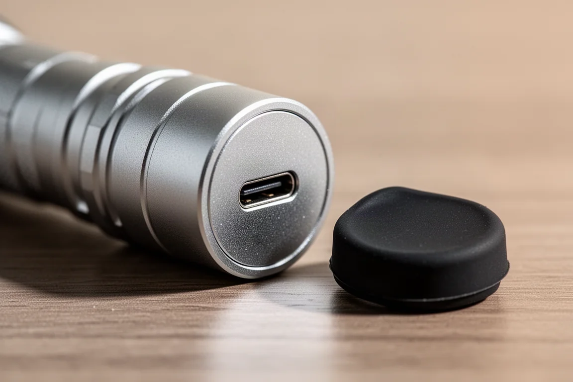 Närbild på en USB-C-laddningsport täckt av en liten gummipropp på en ficklamps kropp