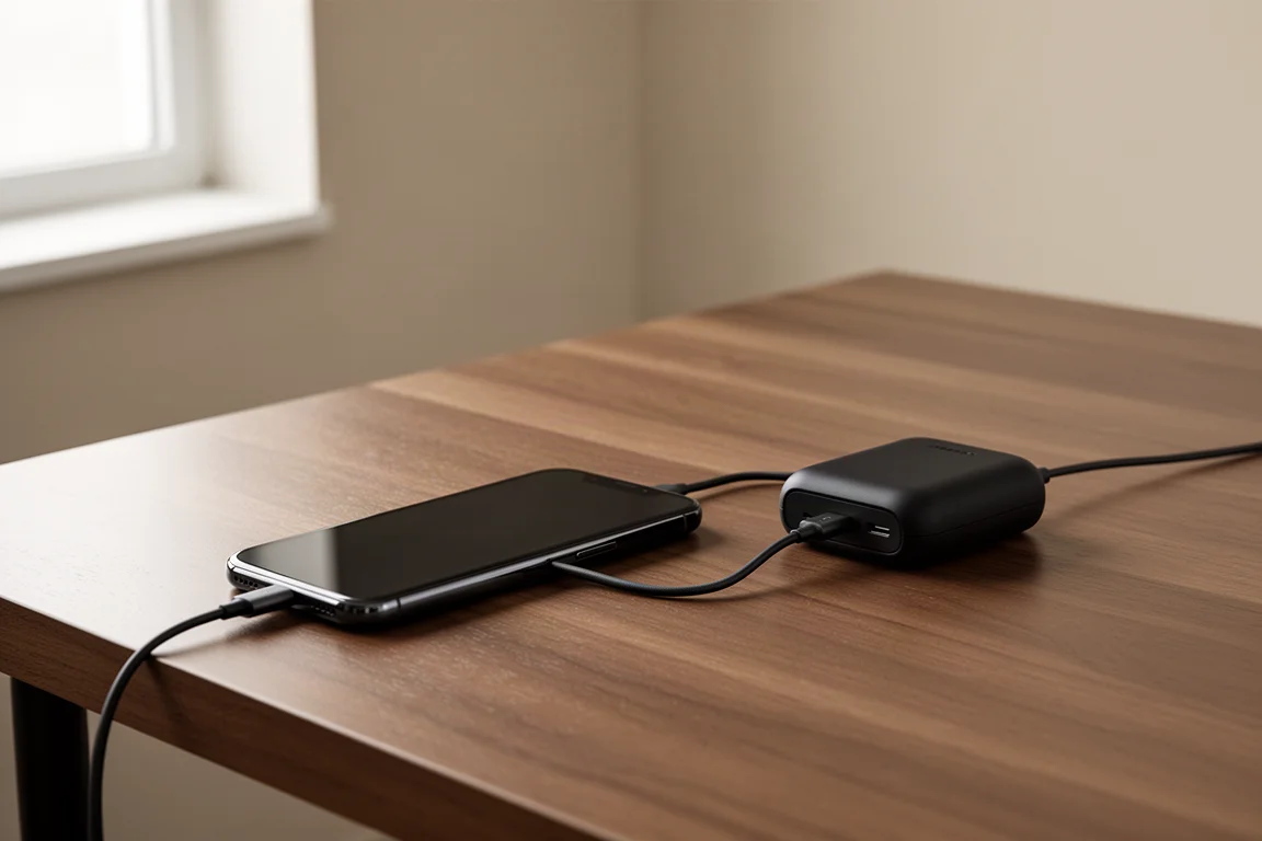 Smartphone wird über ein kurzes Kabel von einem kleinen Power-Case auf einem Schreibtisch geladen
