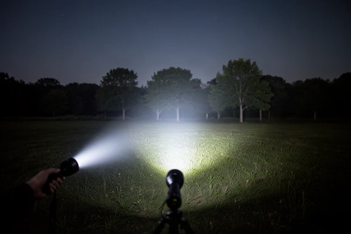 Taschenlampenstrahl beleuchtet Bäume und Boden auf einem dunklen Feld bei Nacht