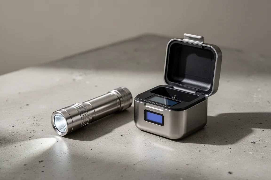 Torcia EDC compatta accanto a una custodia di ricarica aperta a ribalta con display digitale