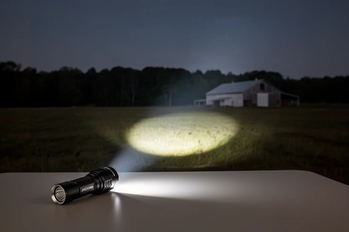 Wiązka latarki oświetlająca linię drzew na ciemnym polu nocą