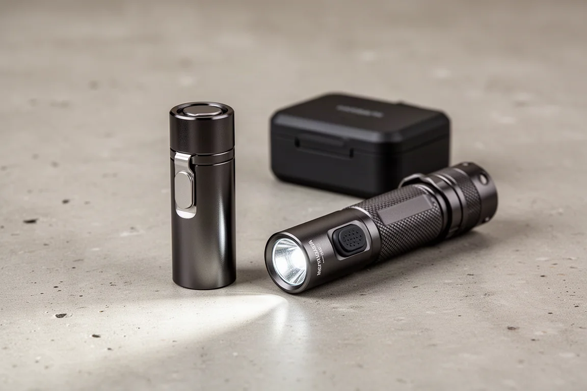 Olight Baton 4 與 Baton 3 迷你手電筒和充電盒放在水泥地上