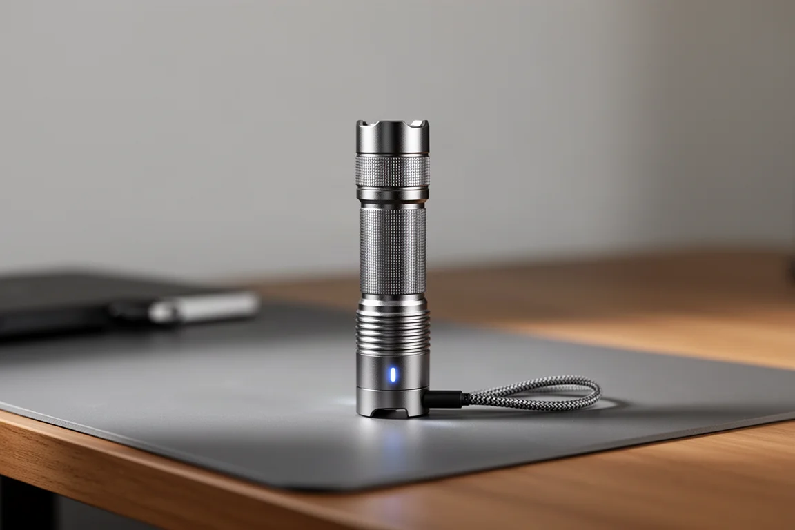 手電筒放在桌上以 USB-C 線充電
