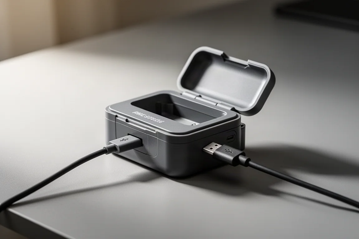 Ladecase der Taschenlampe mit angeschlossenem USB-C-Kabel auf einem Schreibtisch