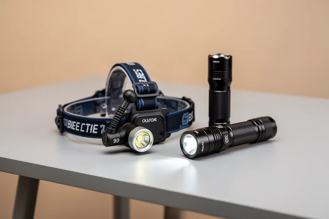 Stirnlampe mit um 90 Grad abgewinkeltem Gehäuse neben einer Taschenlampe auf einem Tisch
