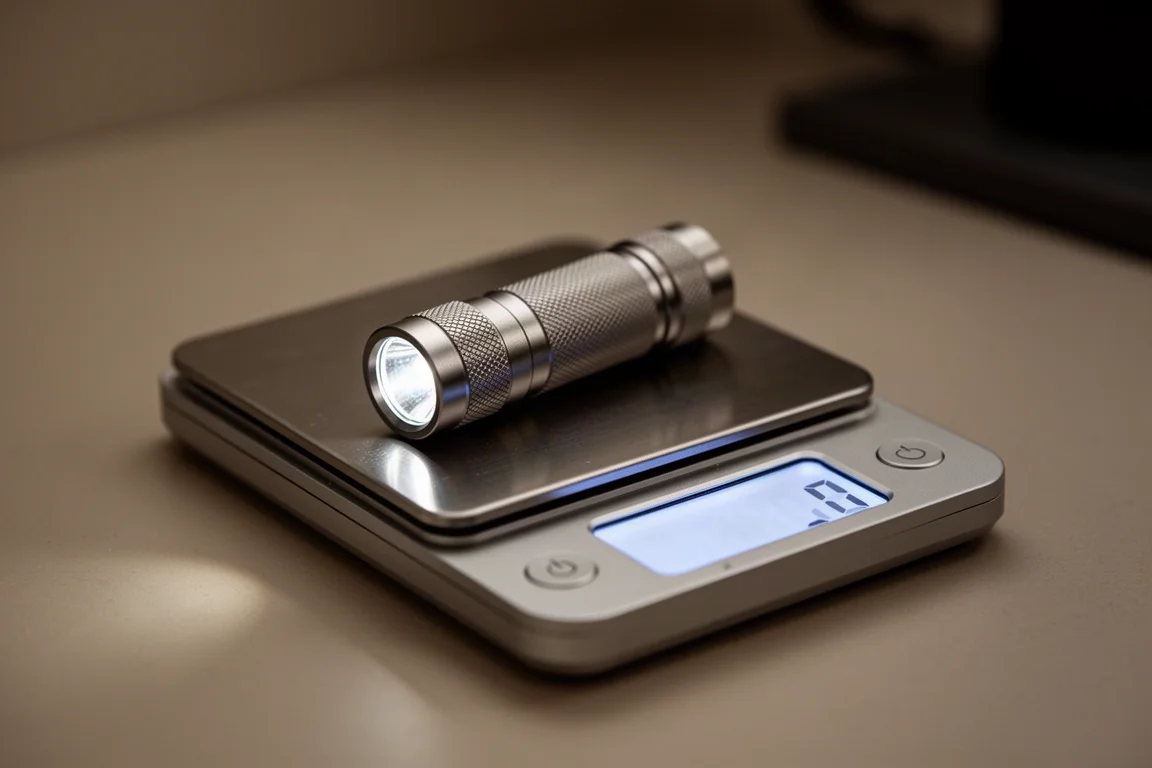 Digitale Waage zeigt eine kleine Metalltaschenlampe mit etwa 53 Gramm an