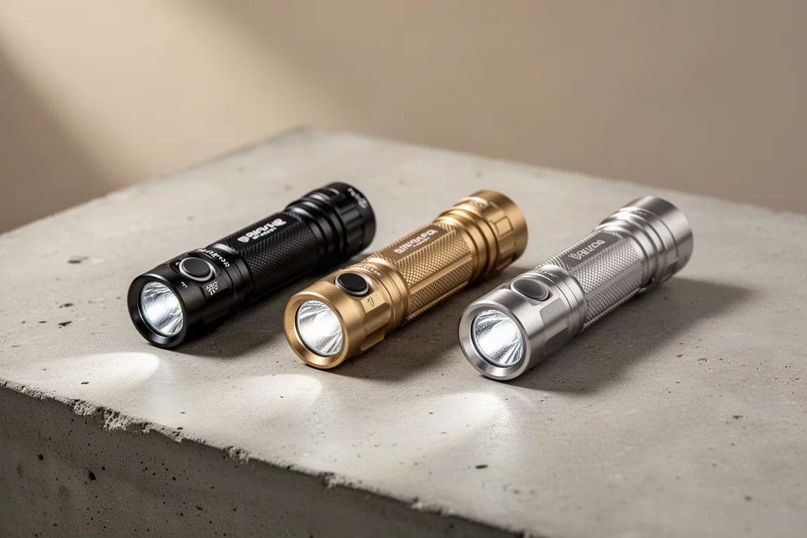 Tre compatte versioni della torcia Olight Baton 4 allineate su una superficie di cemento
