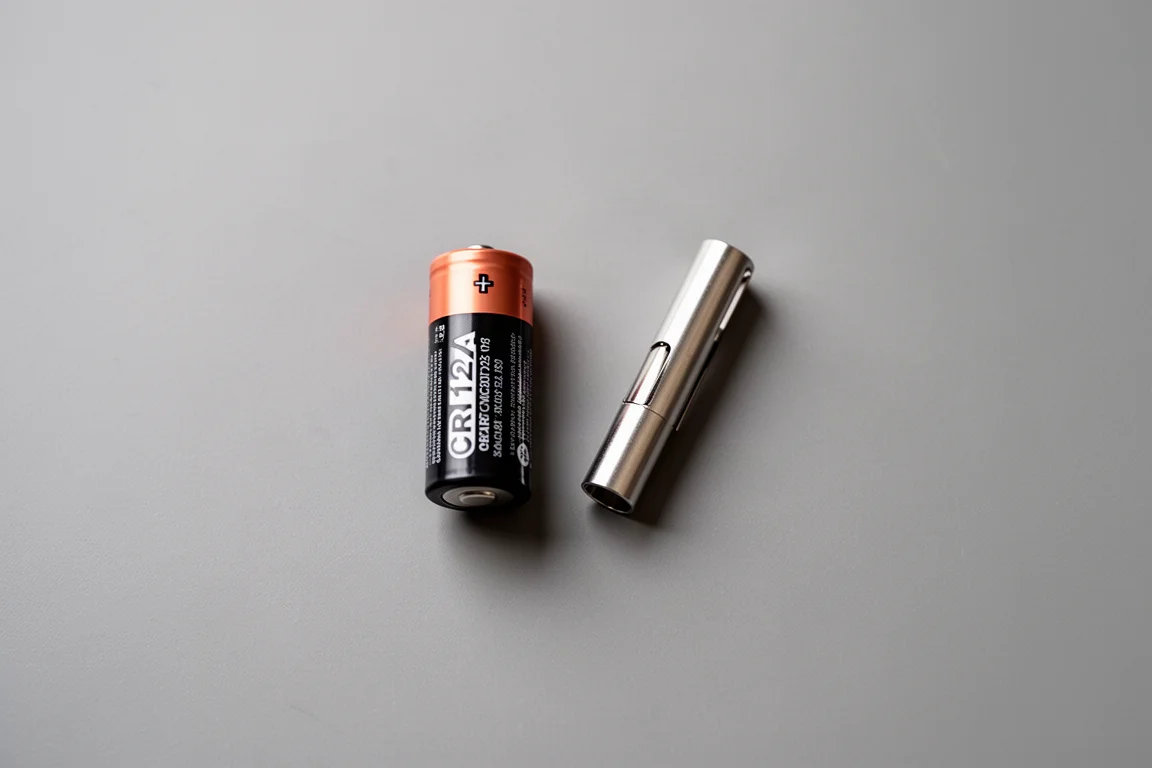 CR123A-batteri vilar bredvid en liten metalladapterhylsa