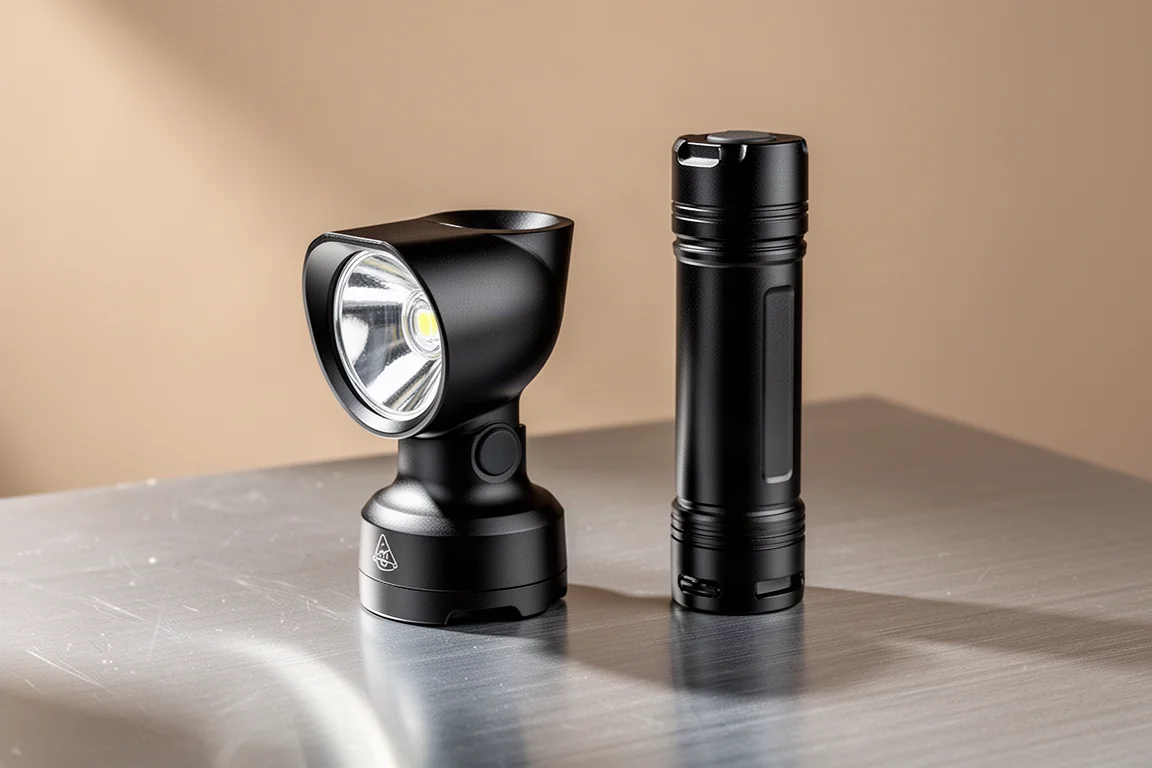 Le torce Olight Baton Turbo e Baton 3 affiancate su una superficie in alluminio