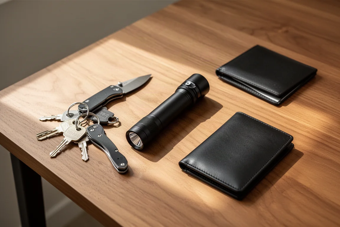 Torcia EDC compatta appoggiata su una scrivania di legno accanto a oggetti da everyday carry