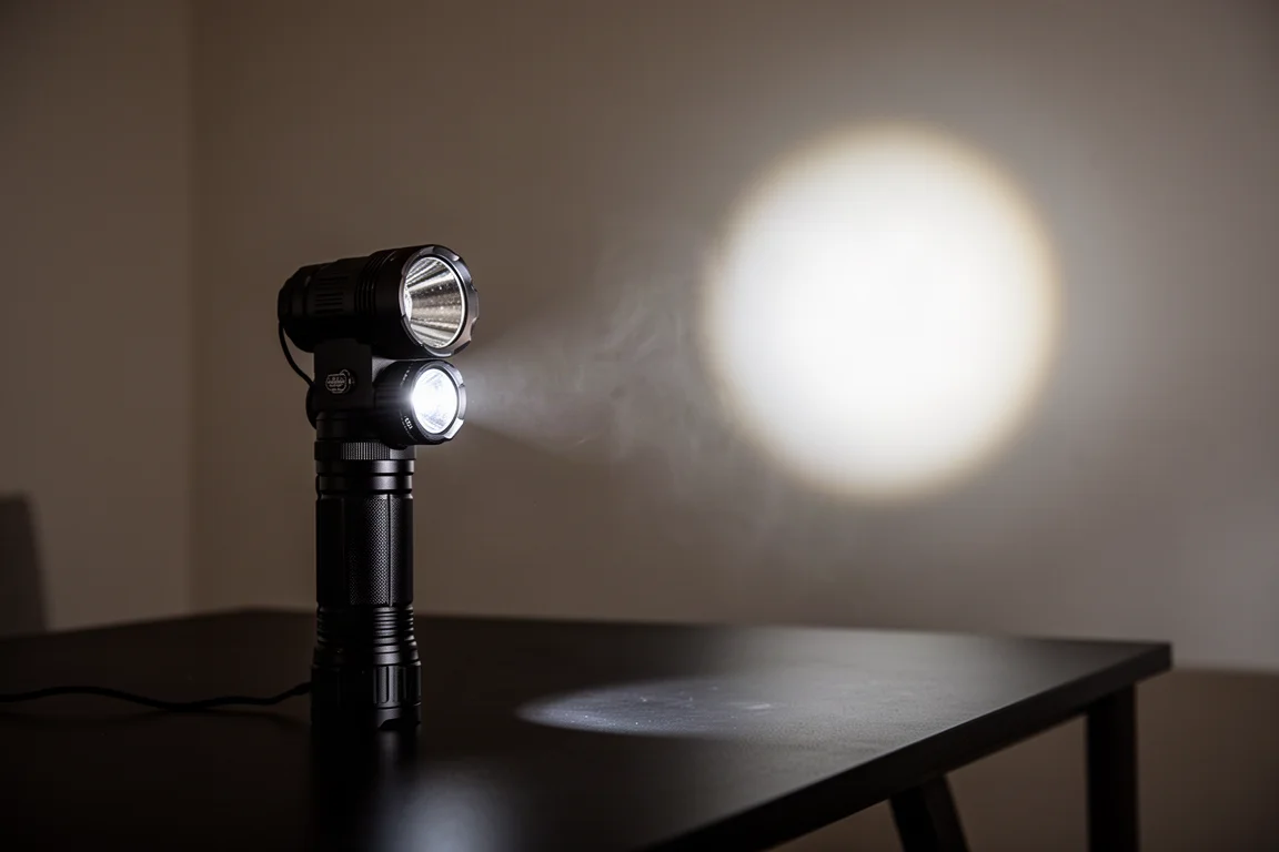 Duży flashlight o wysokiej mocy rzucający jasny snop światła w ciemnym pomieszczeniu