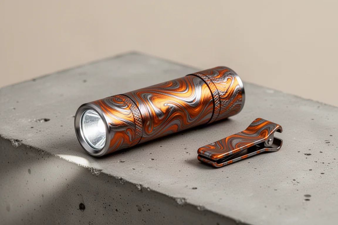 Kieszonkowy flashlight z metalicznym wykończeniem Arctic Flame na betonie