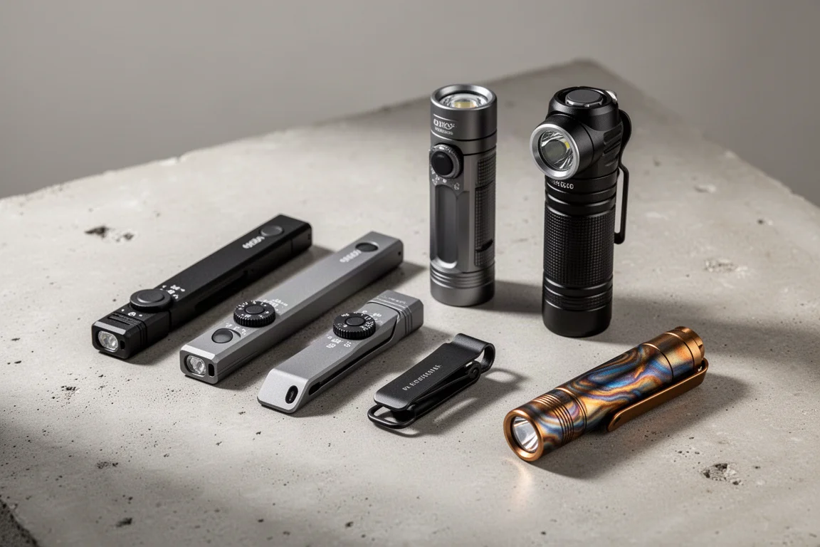 多款 Olight 手電筒與配件整齊排列在混凝土表面上的收藏照