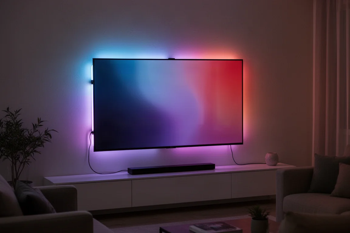 一条柔性 LED 灯带在电视机后方发出动态多彩图案