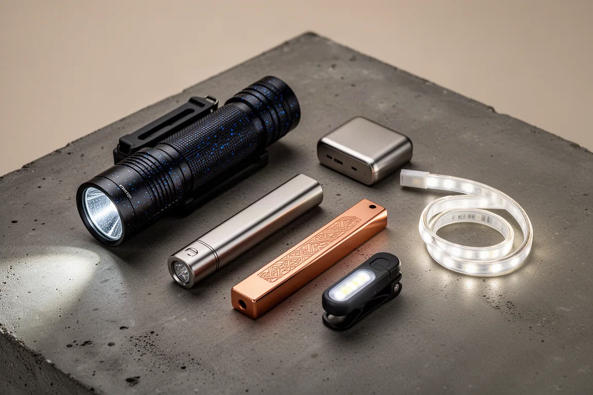 Cinque torce e accessori Olight, tra cui un Arkfeld in rame, un Baton 4 in titanio e una striscia LED su una superficie scura