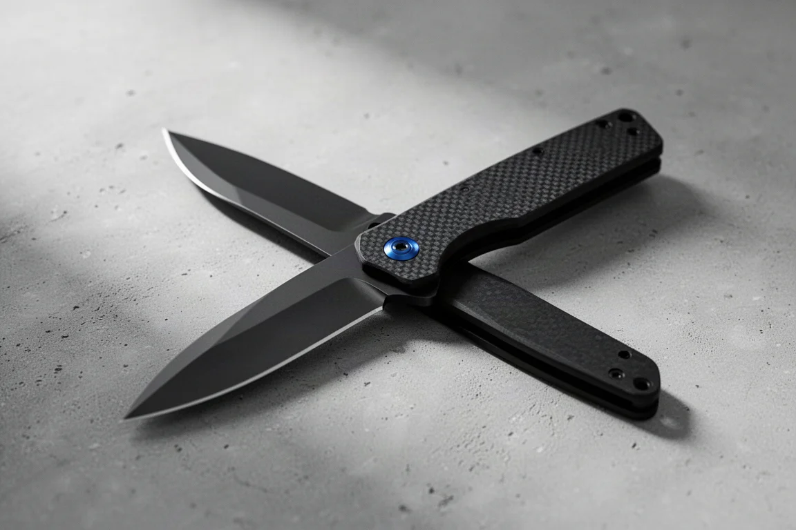 Coltello chiudibile nero e sottile aperto su una superficie di cemento con luce soffusa dalla finestra