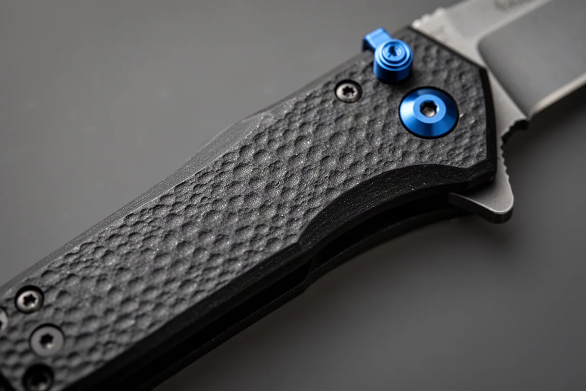 Primo piano delle piastre in G10 texturizzato e di un accento blu sul perno di un coltello chiudibile